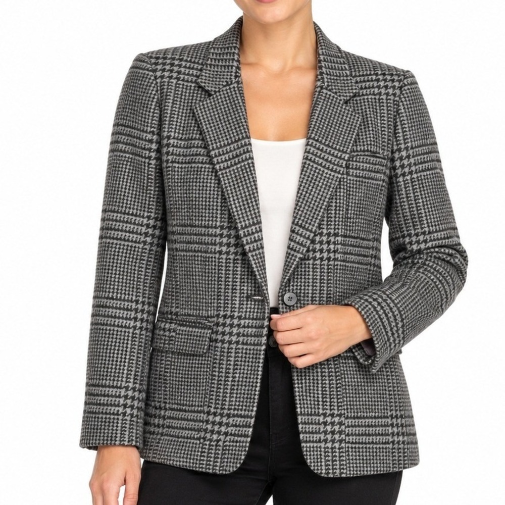 Sir for Her Blazer Women 14 Grey Plaid 100% Wool Vintage Houndstooth Academia